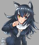  1girl animal_ears between_breasts black_hair blue_eyes blush breasts fur_collar grey_background grey_wolf_(kemono_friends) heterochromia highres kemono_friends long_hair looking_at_viewer multicolored_hair necktie necktie_between_breasts open_mouth pen simple_background skirt solo two-tone_hair wolf_ears yellow_eyes 