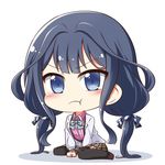  1girl adagaki_aki blue_eyes blue_hair blush chibi long_hair masamune-kun_no_revenge pantyhose pout ribbon school_uniform shoes skirt 