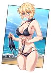  &gt;:( alternate_costume armpits beach bikini black_bikini black_choker blonde_hair blush breasts choker cleavage closed_mouth collarbone commentary_request covered_nipples cowboy_shot cropped_legs embarrassed frown green_eyes halter_top halterneck highres holding holding_swimsuit looking_at_viewer medium_breasts mizuhashi_parsee nose_blush ocean ootsuki_wataru outside_border pointy_ears short_hair solo stomach swimsuit touhou twitter_username v-shaped_eyebrows water wavy_mouth 