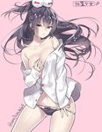  bare_shoulders black_hair black_panties blouse breast_grab breasts contrapposto grabbing groin hair_between_eyes hair_ornament houchi_shoujo large_breasts long_hair looking_at_viewer no_bra original panties parted_lips pink_background ponytail red_eyes simple_background solo standing touwa_nikuman unbuttoned underwear white_blouse 