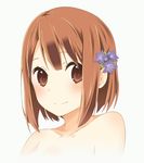  blush brown_eyes brown_hair closed_mouth collarbone covering covering_chest dot_nose eyebrows eyebrows_visible_through_hair eyelashes flower grey_background hair_flower hair_ornament hanawa_kaoru hand_on_own_chest highres looking_at_viewer nude orancio_muwi portrait short_hair simple_background smile solo tamayura tareme 