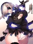  absurdres bad_anatomy black_gloves blindfold breasts cleavage cleavage_cutout cosplay covered_nipples gloves hair_ornament hairclip hamakaze_(kantai_collection) highleg highres kantai_collection katana large_breasts leotard nier_(series) nier_automata pod_(nier_automata) short_hair silver_hair solo sword torisan weapon white_leotard wide_hips yorha_no._2_type_b yorha_no._2_type_b_(cosplay) 