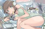  1girl animal bra breasts brown_hair cat food game_console game_controller green_eyes headphones i_(deichi) large_breasts original playstation shorts solo vest 