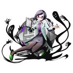  black_legwear black_neckwear black_skirt divine_gate full_body glasses holding holding_pen labcoat long_hair looking_at_viewer necktie official_art pantyhose pen purple_eyes purple_shirt red-framed_eyewear semi-rimless_eyewear shadow shirt silver_hair skirt smile solo transparent_background twintails ucmm under-rim_eyewear 