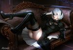  absurdres ass audia_pahlevi black_dress black_footwear black_gloves black_legwear blindfold boots couch dress feather-trimmed_sleeves gloves hairband high_heel_boots high_heels highres huge_filesize lying nier_(series) nier_automata on_back panties pantyshot puffy_sleeves short_hair silver_hair solo thigh_boots thighhighs underwear yorha_no._2_type_b 