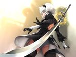  black_dress blindfold boots dress feather-trimmed_sleeves feguimel magic_circle mole mole_under_mouth nier_(series) nier_automata panties pantyshot pantyshot_(standing) short_hair silver_hair solo standing sword thighhighs underwear upskirt weapon weapon_on_back yorha_no._2_type_b 