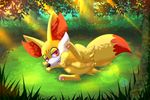  2017 absurd_res butt canine dipstick_tail fangs female fennekin feral forest fox fur grass half-closed_eyes hi_res humanoid_pussy inner_ear_fluff mammal multicolored_tail nightangeltdc_(artist) nintendo nude open_mouth outside pawpads pink_pawpads pok&eacute;mon pussy raised_leg red_eyes red_fur smile solo tongue tongue_out tree video_games white_fur yellow_fur 