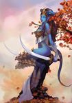  blizzard blue_skin draenei fall female hooves horn humanoid leaves melee_weapon point_ears solo sword video_games warcraft weapon 