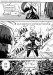  1boy 1girl android blindfold breasts cleavage cleavage_cutout comic dress english explosion gloves greyscale highres juliet_sleeves long_sleeves monochrome nier_(series) nier_automata open_mouth puffy_sleeves sakon04 short_hair speech_bubble talking yorha_no._2_type_b yorha_no._9_type_s 