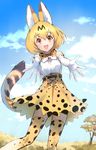  animal_ears bare_shoulders blonde_hair blue_sky blush bow bowtie breasts cloud commentary_request day dress elbow_gloves gloves grass happy highres ice_(ice_aptx) kemono_friends looking_at_viewer medium_breasts outdoors outstretched_arms reaching_out serval_(kemono_friends) serval_ears serval_print serval_tail short_hair sky sleeveless sleeveless_dress smile solo standing tail teeth thighhighs tree yellow_eyes 