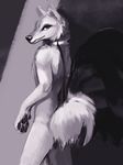 anthro canine collar fur leash looking_at_viewer male mammal monochrome nude smile snowfoxatheart solo standing 