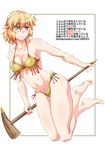  alternate_costume armpits bare_legs bare_shoulders barefoot bikini blonde_hair blush breasts cleavage closed_mouth collarbone covered_nipples full_body green_eyes groin hammer highres holding holding_weapon looking_away medium_breasts mizuhashi_parsee navel ootsuki_wataru pointy_ears short_hair solo stomach sweat swimsuit toned touhou translated weapon white_background yellow_bikini 