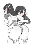  2girls ass blush breasts butt_crack epaulettes grin hair_ornament hairclip highres kill_la_kill kiryuuin_satsuki krekk0v long_hair matoi_ryuuko monochrome multiple_girls naughty_face panties panty_pull short_hair simple_background smile striped striped_panties thighhighs underwear wedgie white_background 