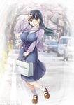  ahoge bag black_hair breasts brown_eyes casual check_commentary commentary_request kantai_collection kantori large_breasts long_hair looking_at_viewer mitsukoshi_(department_store) shopping_bag smile solo ushio_(kantai_collection) 