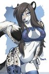  2017 anthro areola big_breasts black_fur blue_eyes breasts brown_fur brown_hair clothed clothing fangs feline female fur hair half-closed_eyes legwear leopard long_hair looking_at_viewer mammal navel nipples pink_nipples pussy satsukii scar smile snow_leopard solo spots translucent transparent_clothing underwear white_fur 
