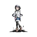  black_hair blue_sweater divine_gate elizabeth_(divine_gate) full_body gloves grey_hair head_tilt looking_at_viewer official_art pantyhose purple_eyes purple_gloves short_hair skirt solo standing sweater transparent_background ucmm white_skirt younger 