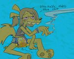  abdl anthro big_teeth bracelet brown_hair canine cate_wurtz cigarette clothing dialogue diaper ear_piercing female fur hair jewelry mammal peeing piercing ponytail relief shirt sitting smile smoke smoking solo tank_top urine wet_diaper yellow_fur 