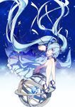  blue_eyes blue_hair bow dress earrings frilled_dress frills hair_bow hair_ornament hairclip hatsune_miku highres jewelry long_hair looking_at_viewer pale_skin sakon04 sitting smile snowflakes snowing solo star twintails very_long_hair vocaloid yuki_miku 