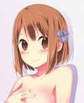  blush body_blush breasts brown_eyes brown_hair collarbone covering covering_chest dot_nose eyebrows eyebrows_visible_through_hair eyelashes fingernails flower hair_flower hair_ornament hanawa_kaoru hand_on_own_chest highres lavender_background lips looking_at_viewer medium_breasts nude orancio_muwi shadow shiny shiny_skin short_hair simple_background smile solo tamayura tareme 