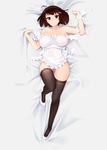  1girl apron bare_shoulders bed black_legwear breasts brown_eyes brown_hair collar female hair_ornament hyo18 large_breasts looking_at_viewer lying naked_apron no_bra on_back original see-through shoes short_hair sideboob solo thigh_gap thighhighs white_shoes 