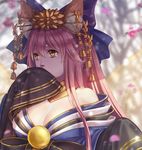  animal_ears bow breasts cleavage collarbone detached_sleeves elsa_(g557744) fate/extra fate/grand_order fate_(series) flower fox_ears fox_tail hair_bow hair_ribbon japanese_clothes large_breasts long_hair multiple_tails off_shoulder petals pink_hair ribbon solo tail tamamo_(fate)_(all) tamamo_no_mae_(fate) tears yellow_eyes 