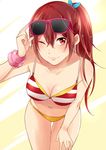  ass_visible_through_thighs bangs bikini blush bow breasts cleavage collarbone free! hair_between_eyes hair_bow hair_ornament hand_on_head hand_on_hip leaning_forward long_hair looking_at_viewer matsuoka_gou medium_breasts navel one_eye_closed ponytail red_eyes red_hair scrunchie shouno_kotarou sidelocks smile solo standing sunglasses swimsuit thigh_gap two-tone_background wrist_scrunchie yellow_bikini 