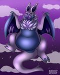  2017 alternate_color ambiguous_gender belly berrywoof big_belly blue_fur blue_membrane claws cloud cute english_text fan_character flying fur membranous_wings navel night nintendo noivern nude open_mouth pok&eacute;mon purple_eyes sky smile solo teeth text toe_claws tongue video_games white_fur wings 