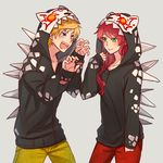  1girl animal_hood blonde_hair blue_eyes blush denim fang green_eyes grimm hood hoodie jaune_arc jeans pants pyrrha_nikos red_hair rwby smile 