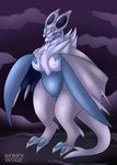  2017 alternate_color anthro anthrofied berrywoof blue_fur blue_membrane breasts claws cloud english_text fan_character featureless_breasts featureless_crotch female fur membranous_wings night nintendo noivern nude open_mouth pok&eacute;mon pok&eacute;morph sky smile solo teeth text toe_claws tongue tongue_out video_games white_fur wings 