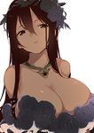  arm_ribbon bangs bare_shoulders black_dress black_flower black_ribbon black_rose breasts brown_eyes brown_hair cleavage collarbone commentary dress flower frilled_dress frills fujiyama gem granblue_fantasy hair_between_eyes hair_flower hair_ornament jewelry large_breasts long_hair looking_at_viewer necklace parted_lips ribbon rose rosetta_(granblue_fantasy) simple_background sleeveless sleeveless_dress solo upper_body white_background wreath 