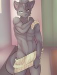  anthro bulge canine inside kami-chan looking_at_viewer male mammal smile solo standing towel wet 