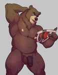  armpits balls bear belly biceps bulge claws digital_media_(artwork) fur grizzly_bear grizzlybj&ouml;rn grizzlybjorn groin hair hi_res knuxlight looking_at_viewer male mammal muscular navel nipples nude open_mouth penis simple_background smile solo 