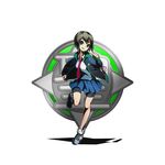  bike_shorts black_jacket black_shorts blue_skirt brown_hair divine_gate dress_shirt full_body green_eyes grin head_tilt jacket leg_up looking_at_viewer necktie official_art pleated_skirt red_neckwear school_uniform shadow shirt short_hair shorts shorts_under_skirt skirt smile solo standing transparent_background ucmm white_shirt 