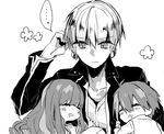  1girl 2boys blush earrings eyes_closed fate/extra fate/extra_ccc fate/stay_night fate_(series) gilgamesh jacket kishinami_hakuno_(female) kishinami_hakuno_(male) long_hair monochrome multiple_boys saliva short_hair sleeping 