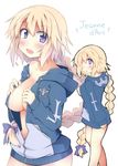  blonde_hair blue_eyes blush braid breasts cleavage collarbone english eyebrows_visible_through_hair fate/apocrypha fate_(series) headpiece hood hoodie jeanne_d'arc_(fate) jeanne_d'arc_(fate)_(all) large_breasts long_hair looking_at_viewer naked_hoodie open_clothes open_mouth purple_ribbon ribbon simple_background single_braid smile solo very_long_hair white_background yuuhi_alpha 