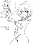  2girls camel_(dansen) circle_name female issun_(camel) japanese_clothes minigirl monochrome multiple_girls original ponytail short_hair smile u_luna 