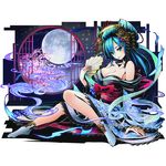  bare_shoulders blue_eyes blue_hair breasts cleavage collarbone divine_gate fan full_body full_moon hair_ornament holding holding_fan japanese_clothes kimono large_breasts long_hair moon off_shoulder official_art ponytail sash socks solo transparent_background ucmm very_long_hair yukata 
