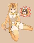  animal_ears bear_ears blonde_hair bracelet brown_bear_(kemono_friends) circlet elbow_gloves gloves golden_snub-nosed_monkey_(kemono_friends) high_ponytail jewelry kemono_friends leotard long_hair monkey_ears monkey_tail multiple_girls ningen_(ningen96) orange_hair ponytail tail thighhighs white_leotard yellow_leotard yuri 