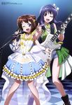  ;d absurdres armpits bang_dream! blue_hair blue_shorts bow brown_eyes brown_hair checkered checkered_floor collarbone copyright_name dress electric_guitar guitar hair_bow head_tilt highres holding holding_instrument holding_microphone index_finger_raised instrument jewelry long_hair looking_at_viewer microphone microphone_stand multiple_girls necklace oguri_hiroko one_eye_closed open_mouth purple_eyes see-through short_shorts shorts sleeveless sleeveless_dress smile star star_necklace toyama_kasumi ushigome_yuri white_bow wrist_cuffs 