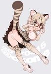 animal_ears ass blonde_hair bow bowtie cat_ears cat_tail commentary elbow_gloves glasses gloves highres kemono_friends looking_at_viewer margay_(kemono_friends) okome_(ricecandy) open_mouth panties shoes short_hair sleeveless sneakers solo tail underwear 