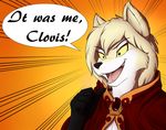  ambiguous_gender anthro canine cape clothing clovis_(twokinds) dialogue dio_brando english_text fox fur gem gloves_(marking) gradient_background hair hybrid infinitedge2u jojo&#039;s_bizarre_adventure keidran mammal markings meme open_mouth orange_background parody pointing_at_self reaction_image red_eyes robe ruby_(gem) sharp_teeth simple_background smile solo teeth text tongue twokinds webcomic white_fur wolf yellow_sclera 