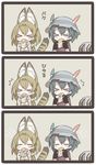  &gt;_&lt; animal_ears backpack bag black_hair closed_eyes comic cream cream_puff eating food hat hat_feather helmet japari_bun kaban_(kemono_friends) kemono_friends kisaragi_kaya multiple_girls pith_helmet red_shirt serval_(kemono_friends) serval_ears shirt short_hair translated 