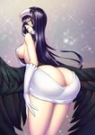  ahoge albedo ass black_hair black_wings blak_at breasts brown_eyes cowboy_shot eyebrows_visible_through_hair grey_sweater hair_between_eyes horns large_breasts long_hair looking_at_viewer looking_back low_wings meme_attire overlord_(maruyama) parted_lips ribbed_sweater slit_pupils solo sparkle sweater turtleneck turtleneck_sweater very_long_hair virgin_killer_sweater wings 