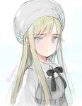  bangs beret blonde_hair blouse blue_eyes closed_mouth dress expressionless eyebrows_visible_through_hair grey_dress hashimoto_mari hat highres long_hair looking_at_viewer original simple_background sketch solo twitter_username upper_body white_background white_blouse 