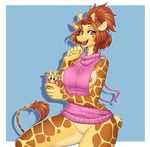  2017 5_fingers anthro areola breasts celine_louison clothing eyebrows eyelashes female giraffe looking_at_viewer mammal nauthleroy nipples open_mouth pussy tail_tuft teeth tongue tuft virgin_killer_sweater 