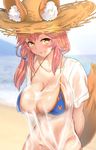  animal_ears bikini bikini_top blue_bikini blush breasts commentary_request ears_through_headwear eyebrows_visible_through_hair fate/grand_order fate_(series) fox_ears fox_tail hat highres large_breasts long_hair looking_at_viewer navel pink_hair seductive_smile see-through shirt short_sleeves smile solo stomach straw_hat sun_hat swimsuit t-shirt tail tamamo_(fate)_(all) tamamo_no_mae_(fate) tamamo_no_mae_(swimsuit_lancer)_(fate) untsue upper_body wet wet_clothes white_shirt yellow_eyes 