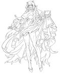  absurdly_long_hair breasts claws cleavage cosmic_bear covered_mouth dress dress_in_mouth dress_lift eyelashes full_body horns huge_breasts kantai_collection legs long_hair long_legs looking_at_viewer midway_hime monochrome ruffled_sleeves shinkaisei-kan simple_background sketch solo teeth thighs veins very_long_hair white_background 