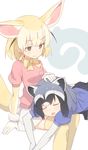  :3 animal_ears blonde_hair blush bow bowtie breast_pocket brown_eyes closed_eyes common_raccoon_(kemono_friends) coupon_(skyth) eyebrows_visible_through_hair fennec_(kemono_friends) fox_ears fox_tail gloves gradient_hair grey_hair half-closed_eyes japari_symbol kemono_friends lap_pillow lying multicolored_hair multiple_girls on_lap on_stomach open_mouth petting pleated_skirt pocket puffy_short_sleeves puffy_sleeves raccoon_ears raccoon_tail short_hair short_sleeves simple_background sitting skirt sleeping smile tail thighhighs wavy_mouth white_background 