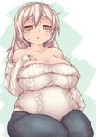  :o aran_sweater bangs bare_shoulders blush breasts cleavage collarbone commentary_request denim eyebrows fat hand_on_breast hand_on_own_chest heo highres jeans large_breasts long_hair long_sleeves looking_at_viewer meat_day mole mole_under_eye muffin_top off-shoulder_sweater orange_eyes original pants parted_lips ribbed_sweater short_eyebrows silver_hair sleeves_past_wrists solo sweat sweater thick_eyebrows thick_thighs thighs white_hair 