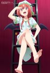  :3 :d absurdres alternate_hairstyle barefoot bat_wings crossed_legs fang feet gabriel_dropout hat highres kurumizawa_satanichia_mcdowell ladder low_twintails megami nightcap official_art open_mouth pajamas pose purple_eyes red_hair smile soles solo toes twintails watanabe_mai wings 